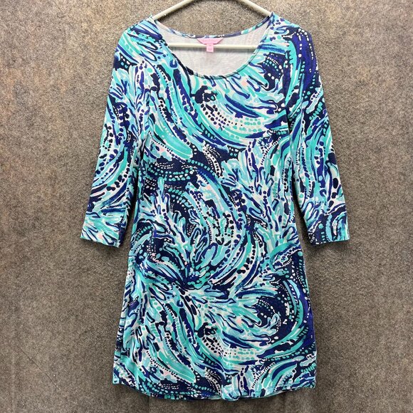 Lilly Pulitzer Dress Womens XS Blue Green Multicolor 3/4 Sleeve Stretch Print - Picture 1 of 10